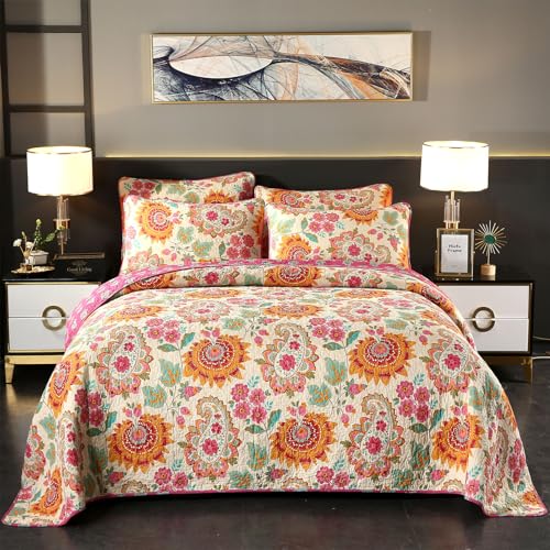 YASMENG 100% Cotton Boho Quilt Set King Size Gorgeous Paisley