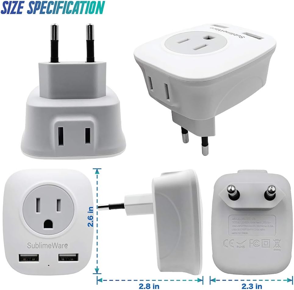 European Power Adapter (2 Pack) - w/ 2 USB Ports & 2 AC Outlets - USA to EU Outlet Plug - US to Europe Plug Adapter - Electrical Charger Travel Adapters for Europe - for EU Charging by SublimeWare