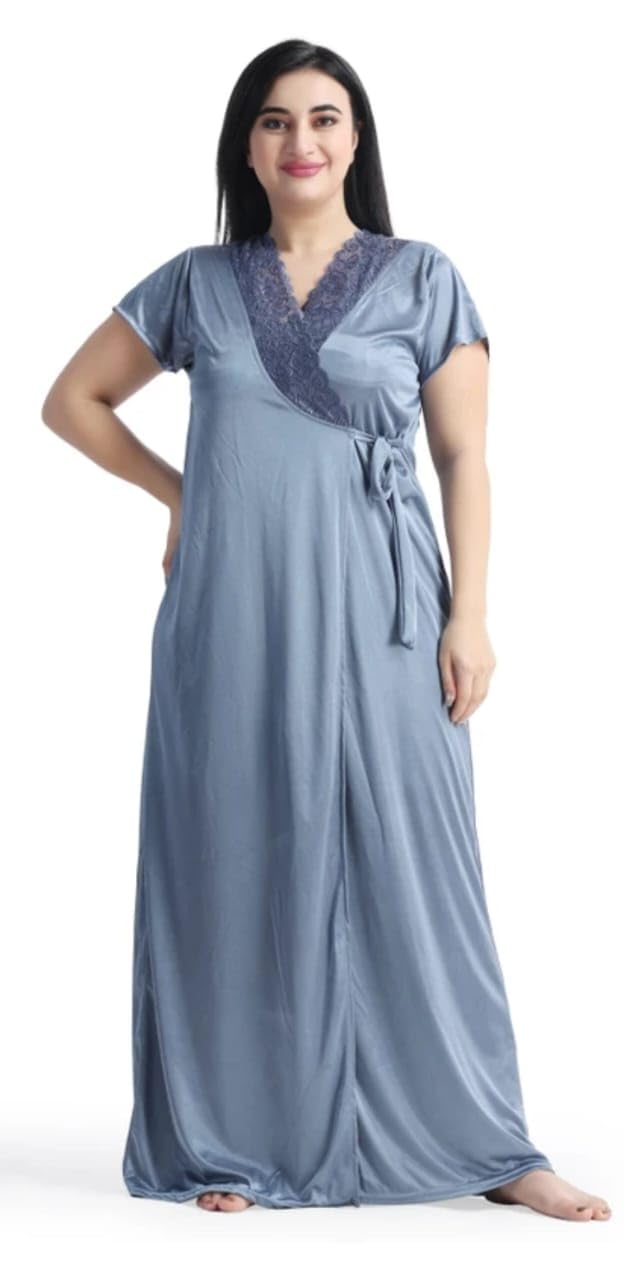 Women’s Satin Nightwear Gown with Robe Set | Lace Trim Long Nighty & Wrap Robe | Soft Silky Sleepwear for Women | Bridal Honeymoon Night Dress