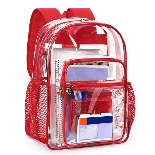 ZORFIN Clear Backpack Heavy Duty for School & Work 17in Transparent PVC Bag with Large Capacity & Reinforced Straps See Through Bookbag for Men Women Boys & Girls Workplace Security - Red