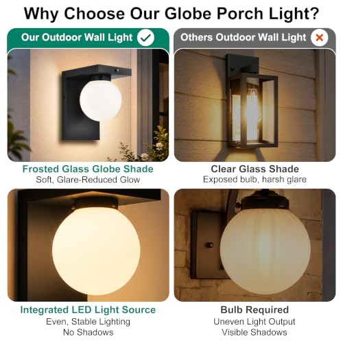Image of Black Exterior Light Fixture, Dusk to Dawn LED Outdoor Wall Light, 12W Integrated LED Modern Farmhouse Sconce with Frosted Glass Globe Shade, Waterproof Porch Light for Front Door, Garage, Patio
