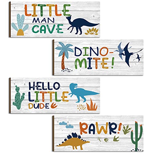 Image of Qunclay 4 Pcs Dinosaur Room Bedroom Decor Boys Dinosaur Wall Decor, Motivational Quote Wood Room Decorations Hanging Sign Prints Plaques for Boy Kids Nursery Playroom(Simple Style)
