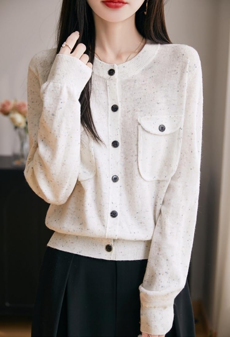 Cárdigan de Cachemira para Mujer, Cuello Redondo, Botones, Punto, cárdigan, suéter, Manga Larga, Casual, Jersey con Bolsillo, Elegante, Moteado, otoño, Invierno, Prendas de Punto, prend