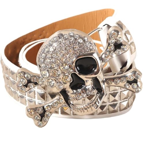 SimplCharm Women's Y2K Rhinestone Gothic Punk Belt Fashion Skull Design Studded Belts Cowgirl Belts For Jean Pant (white)