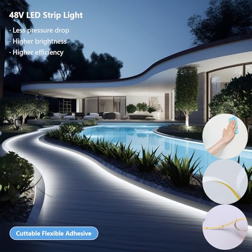 Image of BENLUN 48V Outdoor LED Strip Lights Waterproof, 65.6ft 150W 6000K Cool White Dimmable LED Tape Light Cuttable with Power Supply for Bedroom Ceiling Garden Living Room Commercial House