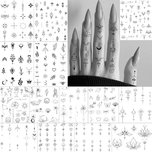 Image of 180+ PCS Bilizar 13 Sheets Black Small Arrow Temporary Tattoos For Finger Hand Ear Neck Tattoo Sticker, Realistic Tiny Flower Star Crescent Lotus Fake Tattoos For Women Men Adults Long Lasting Tatoos