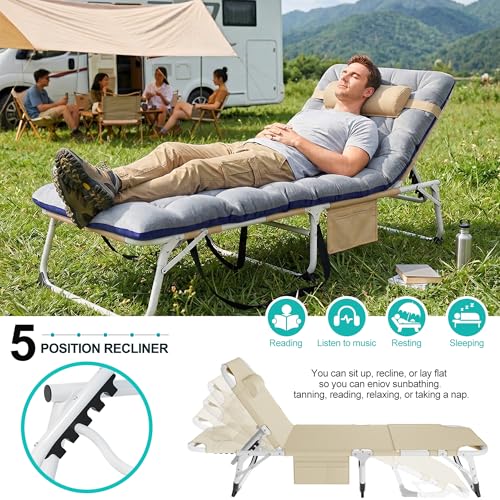 Image of ABORON Patio Lounge Chair, Sun Tanning Bed, Folding Heavy Duty Chaise with 500LB Load Capacity, Adjustable Portable Chair for Home, Garden, Beach, Office, Camping & Sunbathing