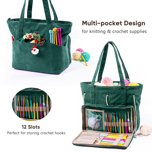 Image of Large Yarn Tote Organizer - Corduroy Knitting Storage Holder for Yarn, Hooks & Accessories, Portable Craft Carryall for Crocheting Lovers, Mother's Day Gift