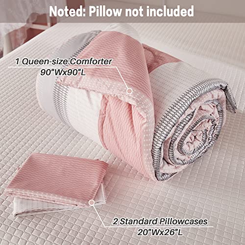 Litanika Pink Comforter Set Queen, 3 Pieces Blush White Colorblock Lightweight Bedding Comforter Set