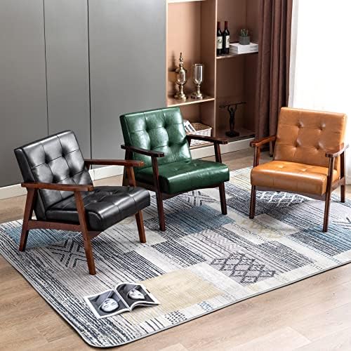 HomeMiYN Mid-Century Armchairs Retro Tufted Faux Leather Accent Chair with Wood Arms Vintage Upholstered Club Chair for Living Room Bedroom (Black)