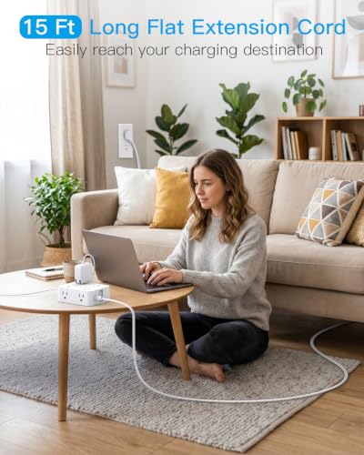 Image of 15 Ft Long Extension Cord with Multiple Outlets, Surge Protector Power Strip Flat Plug with 8 Outlets 4 USB Ports(2 USB C), Desk Outlet Extender for Home Office Supplies, College Dorm Room Essentials
