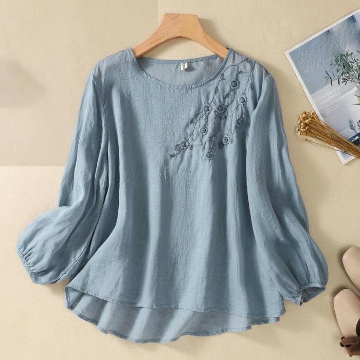 JYHBHMZG Women's Cotton Spring Summer Embroidered Round Neck Long Sleeve Top Retro Loose Pullover Embroidered Blouse Shirt