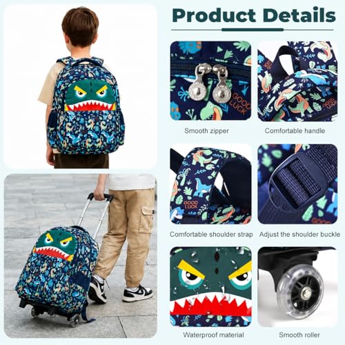 Image of PALAY Trolley School Bag Multi-colored Cartoon Dino Wheeled Bookbag with Pencil Bag Outdoor Waterproof 2-Wheel Backpack Multi-Compartments Polyester School Bag with Wheels