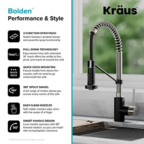 Kraus KPF-1610SSMB Bolden 18-Inch Commercial Kitchen Faucet with Dual Function Pull-Down Sprayhead in All-Brite Finish, Stainless Steel/Matte Black