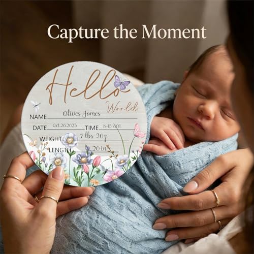 Image of Birth Announcement Sign Hello World Baby Name Wood Butterfly Theme | Round Wood Plaque with Butterfly & Floral Design, Custom Name Date Weight Length Great for Nursery Wall Baby Shower Gifts