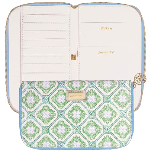 Lilly Pulitzer Leatherette Travel Wallet for Women, Passport Holder with ID Window, Card Slots and Interior Pockets (Bamboo Logo Trellis)