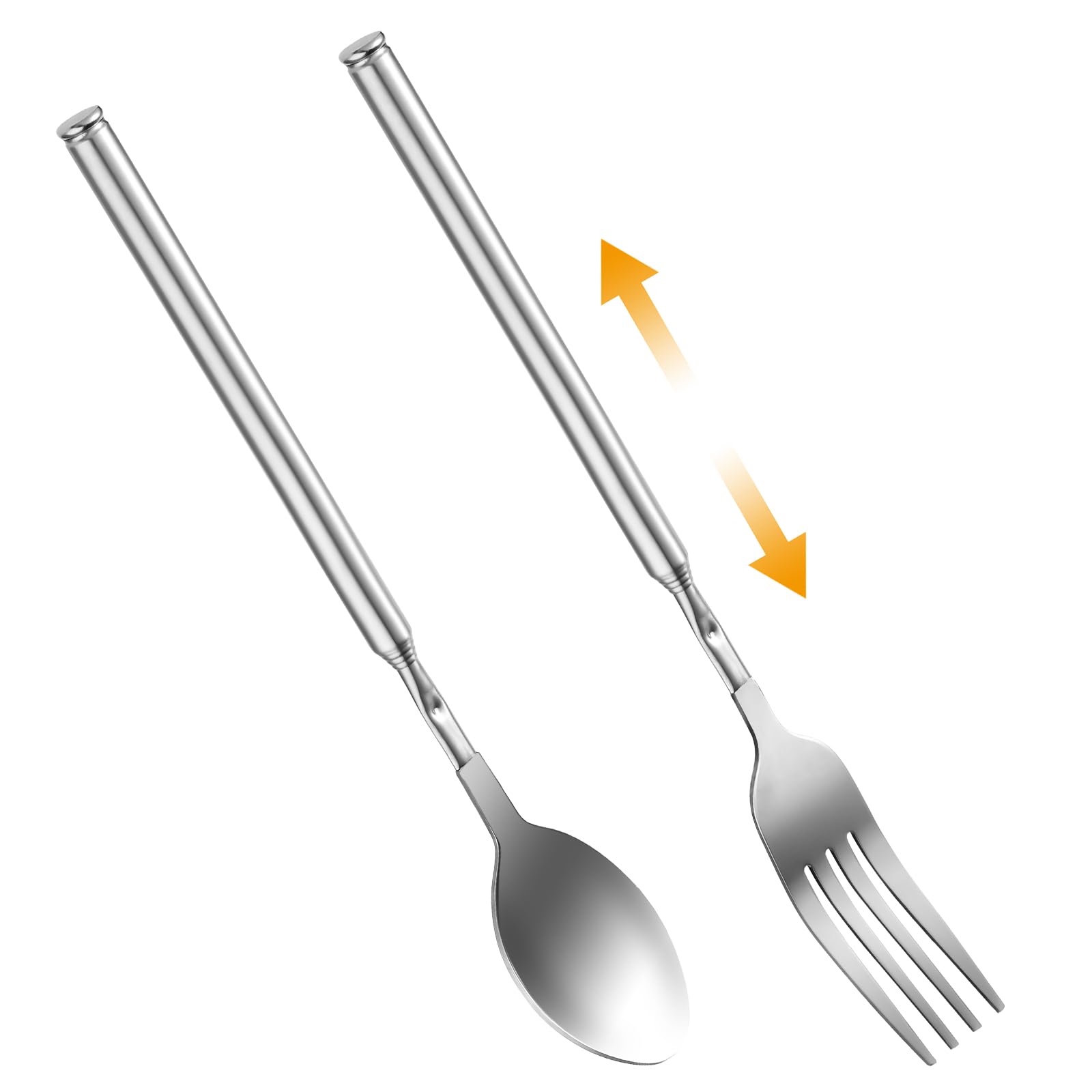 Gjinxi 2PCs Extendable Fork and Spoon, Long Handle Telescoping Tableware, Stainless Steel Retractable Fork and Spoon Extender Set for Dinner, Fruit, Dessert, BBQ