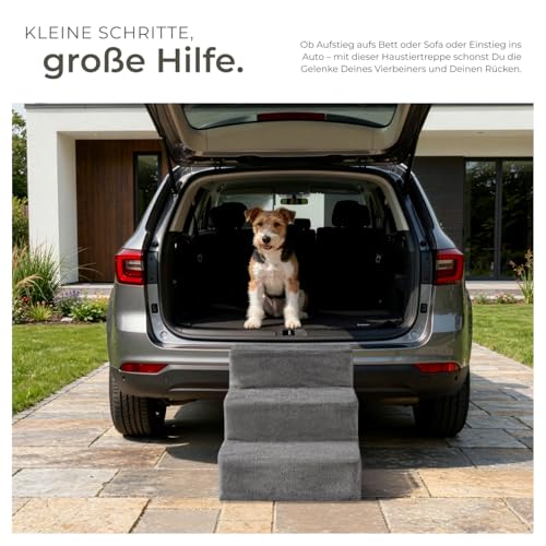 tectake® Hundetreppe oder Katzentreppe, Haustiertreppe, Einstiegshilfe mit waschbarem Bezug, extra Flache Treppenstufen, Tiertreppe für Sofa, Bett oder Auto (grau, 37 x 45 x 34,5 cm, 3)