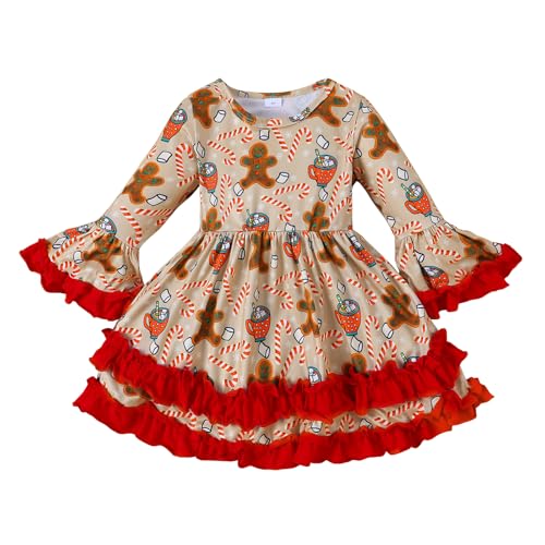 Little Girl Christmas Dress Ruffle Long Sleeve Santa Print Dress Kids Xmas Outfit