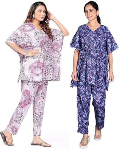Image of Vlazom Women's 100% Cotton Printed Kaftan & Pyjama Set - Combo Pack of 2 | Free Size Nightwear with Pocket | Soft Cotton Loungewear Co-ord for Women