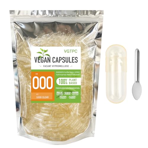 VGTPC Size 000 Empty Vegetarian Capsules, (1000 Count) Vegan Clear Fillable Veggie Pill Capsules for DIY Supplement Filling