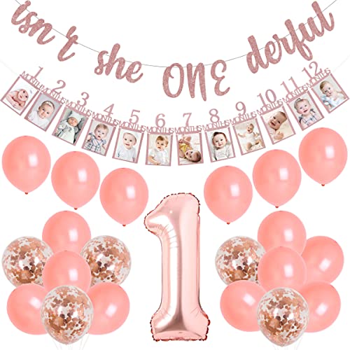 Bannière Photo 1er Anniversaire Fille Or Rose Décoration Paillettes Onederful Bébé