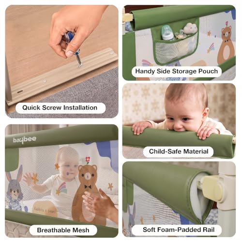 Image of BAYBEE Baby Bed Rail Guard (180x80cm) | Bed Railing for Baby Safety with 28 Height Adjustable Bedside Protector for Babies Falling | Foldable Bed Safety Guard for Kids (1 Side, (Dark Green)