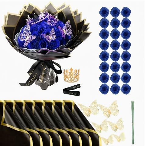 HORREX 24 Rose Finte, Fiori Artificiali, Rose Glitterate, Bouquet Fiori Finti con Corona, per Regali di Matrimonio, Anniversario, Compleanno, San Valentino Regali Natale Originali (Blu)