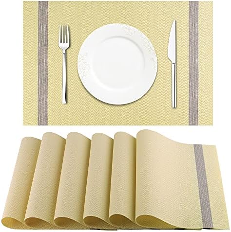ARTAND Placemats Set of 6, Beige Woven Vinyl Placemats, Washable & Durable Table Mats, Indoor/Outdoor Use Place Mats