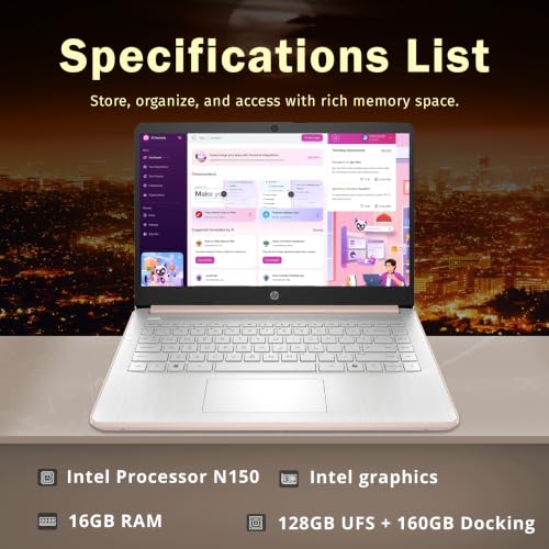Image of HP Stream 14 inch HD Student & Business Laptop, Intel Processor N150, 16GB RAM, 288GB Storage (128GB UFS + 160GB Docking Station), Intel Graphics, 1 Year Office 365, Wi-Fi 6, Win 11, Pale Rose Gold