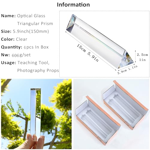 Image of QFkris 4pcs 6 inch Clear Optical Lens Glass Triangular Prism for Photography Science Classroom Rainbow Maker Art Decor (Pack of 3)