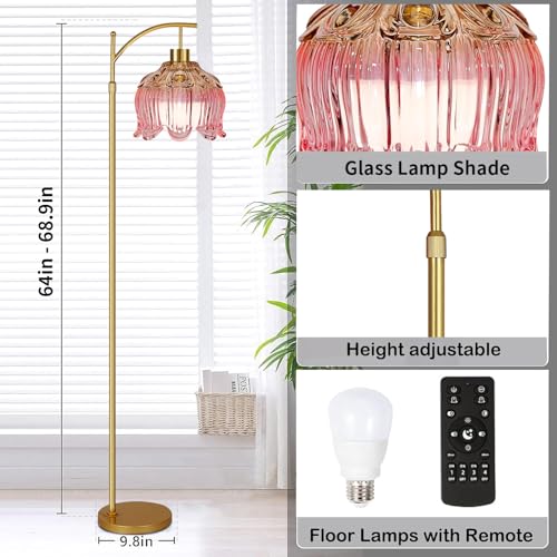 Image of QIYIZM Pink Floor Lamp for Living Room,Bedroom,Glass Gold Dimmable Standing Lamp with Remote,Mid Century Modern Brass Tall Lamp Boho Floor Lamps Arc Stained Tulip Flower Floor Light Lamp Bohemian