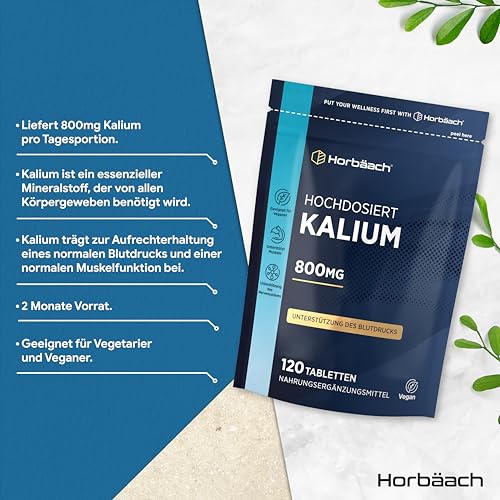 Kalium Hochdosiert aus Kaliumcitrat | 120 Vegane Tabletten | 800mg pro Tag | Potassium Citrate | für Blutdruck, Muskelfunktion & Nervensystem | Horbaach