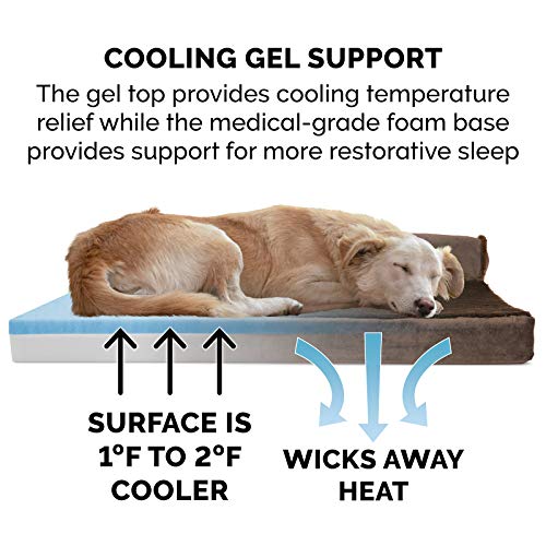 Image of Furhaven Cooling Gel Dog Bed for Large Dogs w / Removable Bolsters & Washable Cover, For Dogs Up to 125 lbs - Plush & Velvet L Shaped Chaise - Sable Brown, Jumbo Plus /XXL