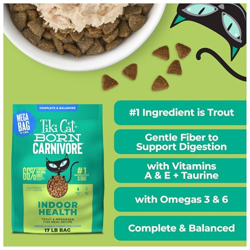 Image of Tiki Cat Born Carnivore Indoor Health Trout & Menhaden Fish Meal, Dry Cat Food for Adult Cats, 17 lbs. Mega Bag