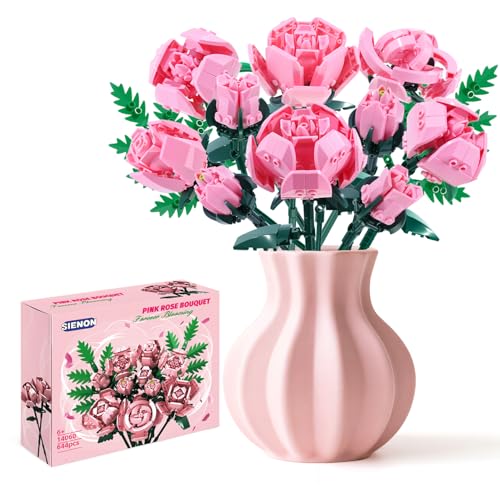 SIENON Pink Rose Flower Building Set-10pcs Roses & 2pcs Leaves Botanical Collection, Artificial Flowers for Home Décor, Rose Bouquet Building Kit for Valentine’s Day Christmas Birthday (No Vase)