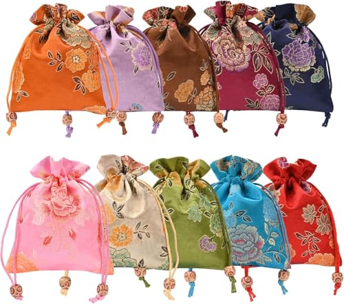10 Pcs Silk Drawstring Gift Bag Embroidered Jewelry Crystal Pouch Bag Christmas Candy Chocolate Bags Present Package Bag Retro Small Coin Purses for Wedding Party Favors and DIY Craft