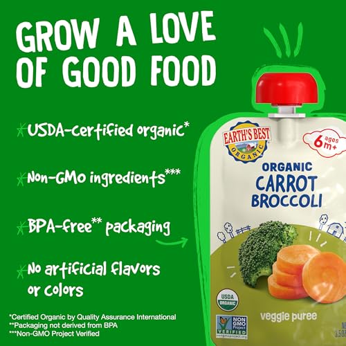 Earth's Best Organic Baby Food Pouches, 6+ Months, Vegetable Puree for Babies 6 Months and Up, Organic Carrots and Broccoli, 3.5 Ounce Resealable Pouch (Pack of 12) - Thumbnail 5