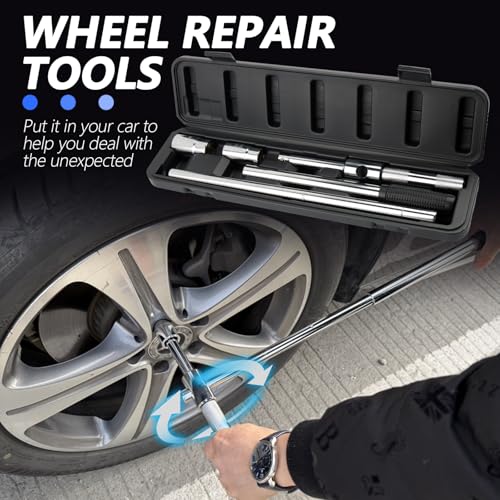 Image of Extended Lug Nut Removal Tool Kit with 4 Way Lug Wrench,23 inch Telescopic Tire Iron Lug Wrench with 2 Standard Sockets(17,19,21,23mm) and Case,Portable Lug Nut Wrench for Most Vehicles