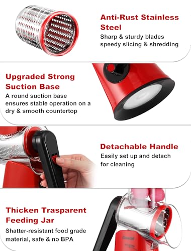 Image of Geedel Rotary Cheese Grater Vegetable Shredder With 6 Interchangeable Blades No Slip Suction Base, Mandoline Slicer & Food Chopper for Cheese, Ice, Nuts, Vegetables, Veggie