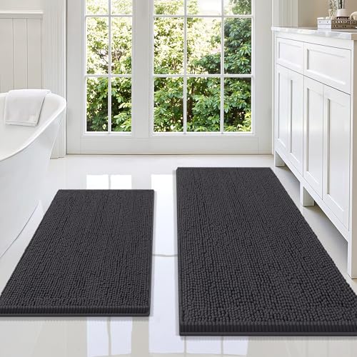 Image of Smiry Bathroom Rugs Sets 2 Piece, Soft Absorbent Chenille Machine Washable Non Slip Shaggy Bath Rug Set for Tub, Shower, and Floor (47x20+30x20, Charcoal Grey)