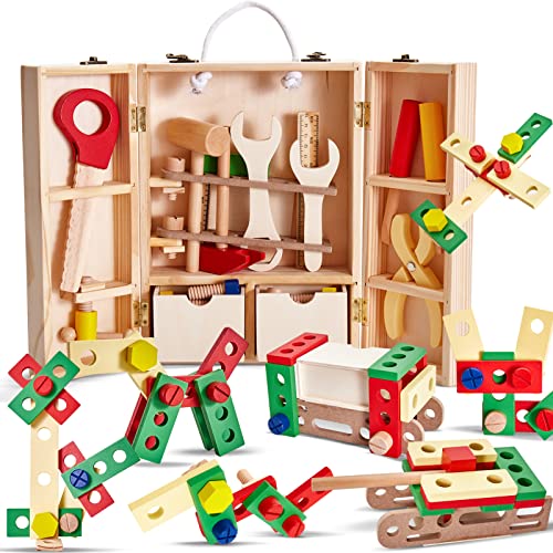 Caja De Herramientas De Madera Montessori Para Niños - 29 Piezas, Con Maletín | Juguete Educativo Para Desarrollar Motricidad Y Creatividad
