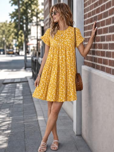 Image of Imysty Womens Boho Floral Ruffle Sleeve Babydoll Loose Flowy Casual Summer Pleated Mini Dress
