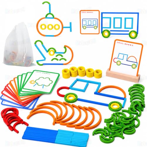 Image of Kidology Sticks & Rings Building Set Toys for Kids | 120 Pcs Shapes Learning Puzzle Toy Game for Kids | 20 Double-Sided Pattern Cards & Wooden Base | STEM Montessori Brain Game for Boys & Girls