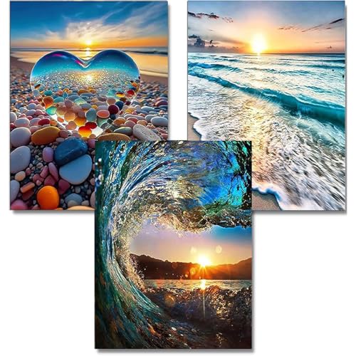WEMEON Diamond Painting 3-delige set volwassenen, 5D Diamond Painting strand, landschappen, diamond painting voor mozaïek, knutselset volwassenen, 30 x 40 cm