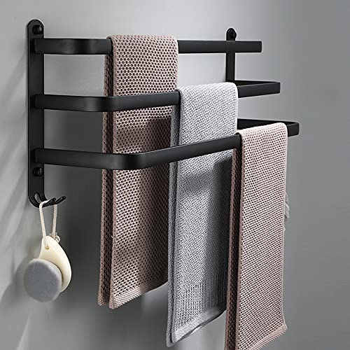 Porte-serviettes mural en aluminium - 3 étages - Avec crochets - 50 cm - Étanche - Noir - Pour salle de bain, cuisine, salle de bain