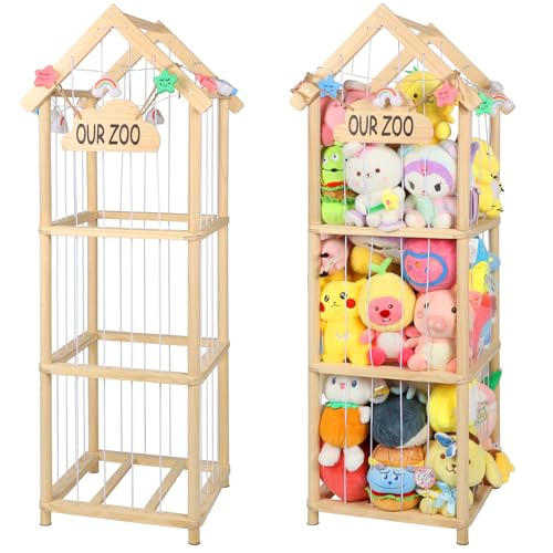 53" Large Stuffed Animal Storage Roof Style Plushies Zoo Wooden Plush Toys Organizer Plushies Storage Holder with Anti Tip Furniture Anchors Stuffed Animal Organizer Tower with Light Strips