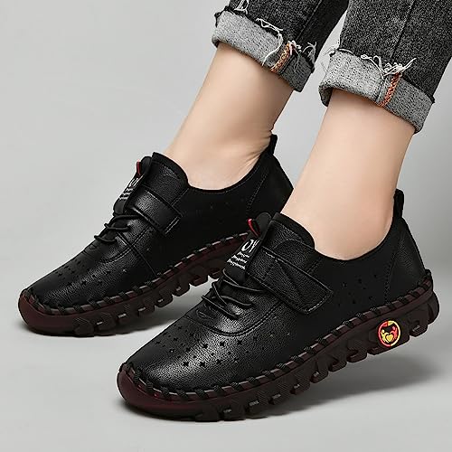 Image of Women's Hollow Beef Tendon Soft Bottom Slip-on Flat Loafers,Fashion Hand Sewing Non-Slip Oxford Breathable Orthotic 4D Pain Relief Comfy Walk Casual Shoes