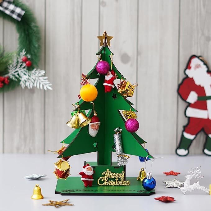 Petit sapin de Noël avec 20 ornements et boules colorées base en bois naturel