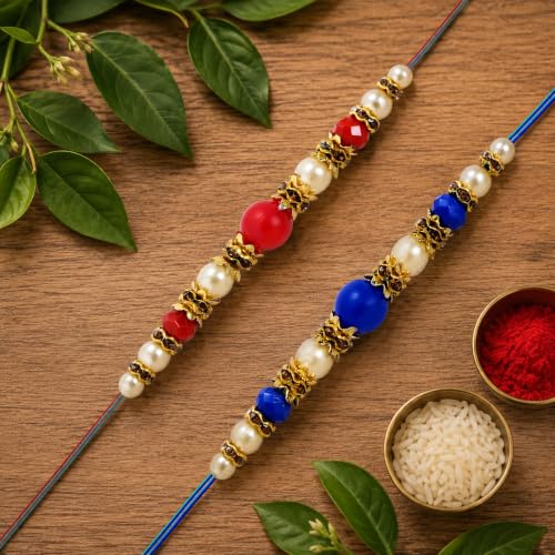 Image of Riddhika Ventures Lavish Pearl and Diamond Ring Bhaiya Bhabhi Rakhi (Set of 2) with Roli Chawal & Greeting Card | Raksha Bandhan Special